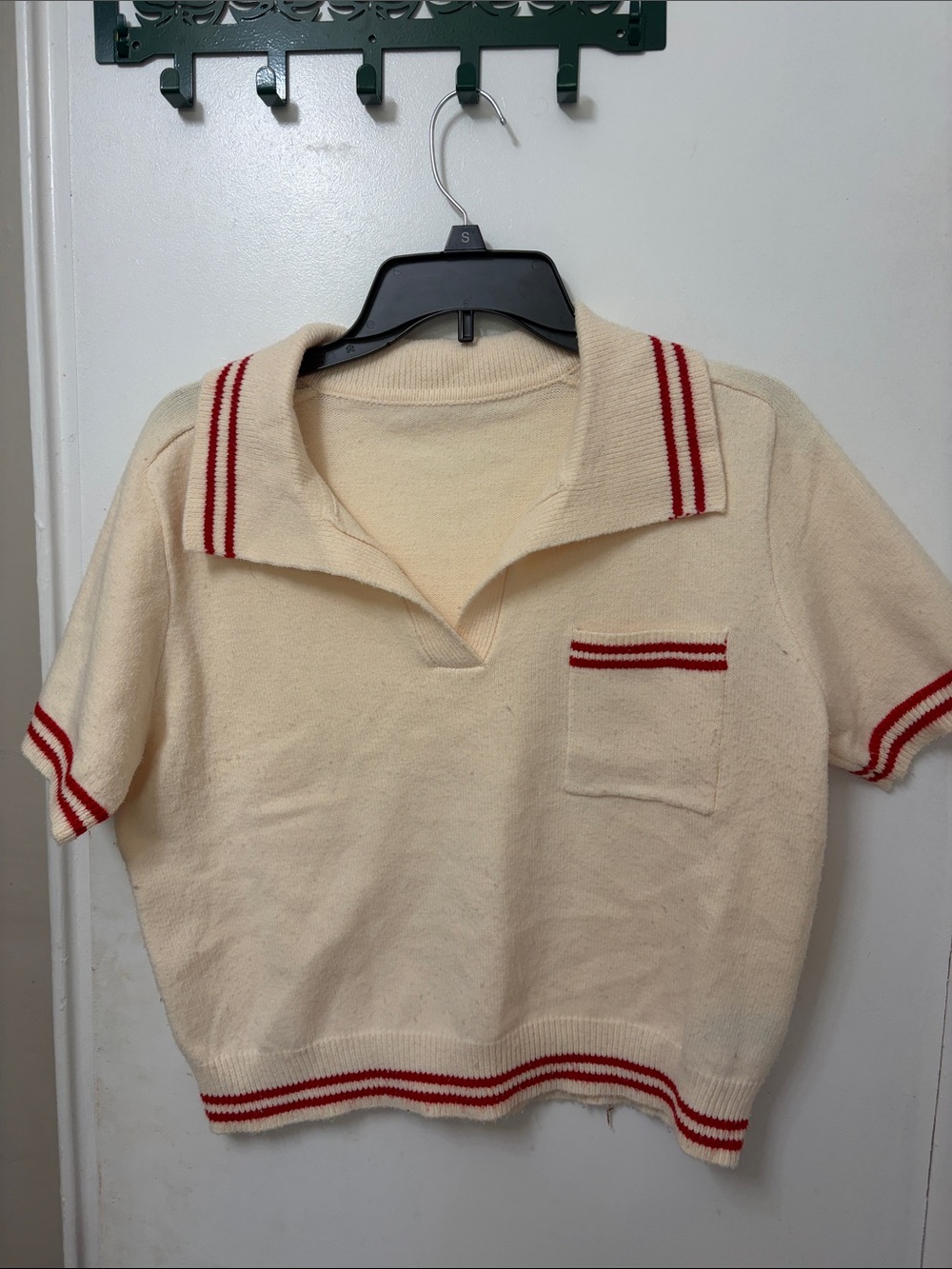 Cider Cream Knit Polo with Red Stripe Accents
